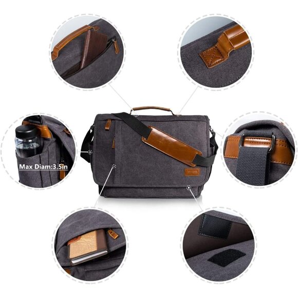 Men’s Grey Canvas Water Resistant Messenger Bag 15.6” Laptop Shoulder Bag - Picture 11 of 12